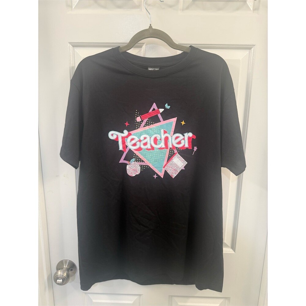 Skyland Tee Teacher Graphic T-Shirt Womens L Black Crew Neck Short Sleeve cute